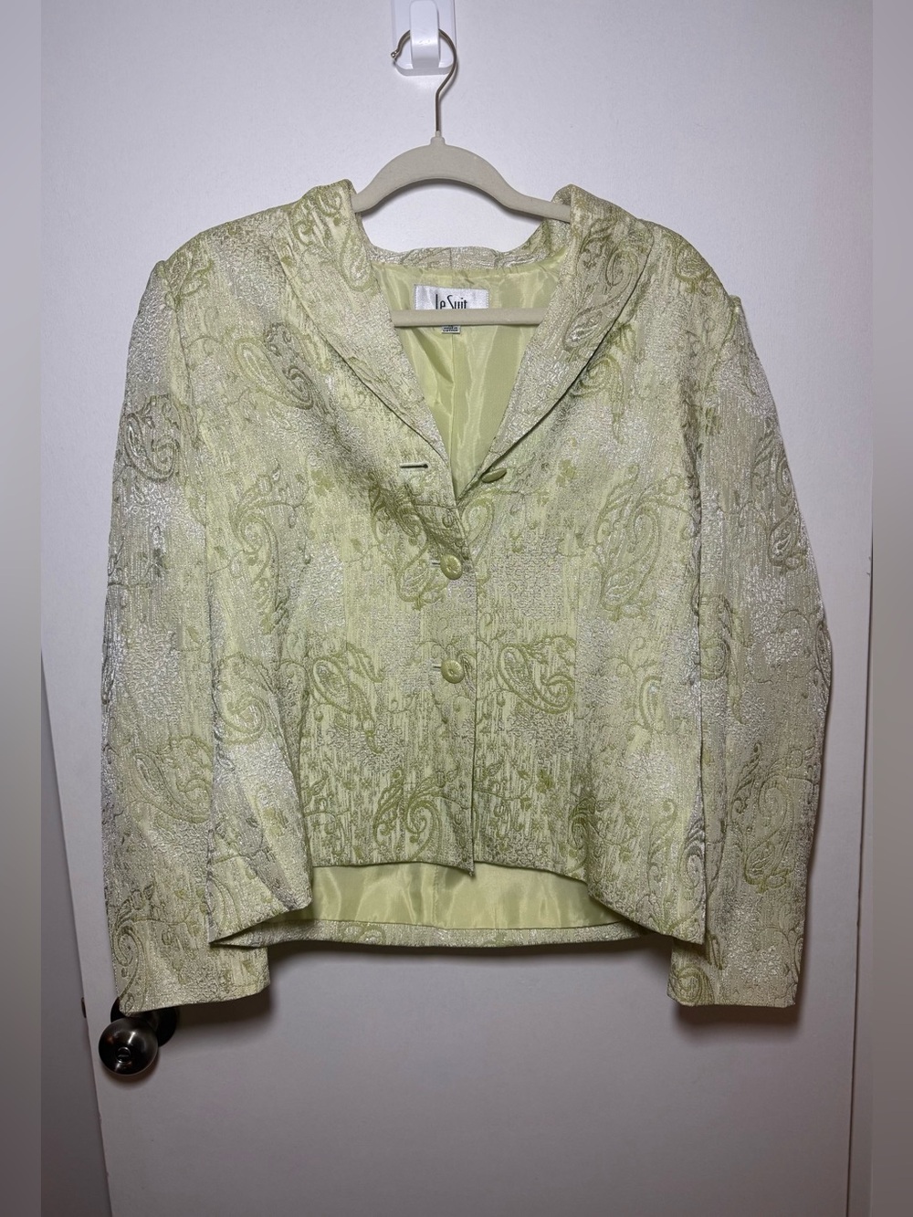 Vintage Le Suit Lime Green Brocade Paisley Button Front Lined Blazer Size 12